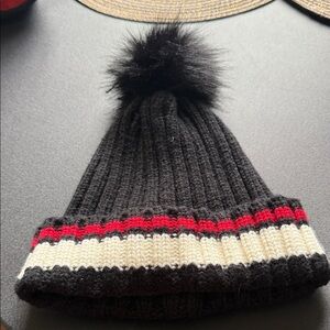 Black Knit Pom Beanie with Red and Cream Stripe